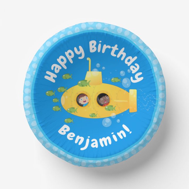Cute yellow submarine fish cartoon illustration paper plate (Front)