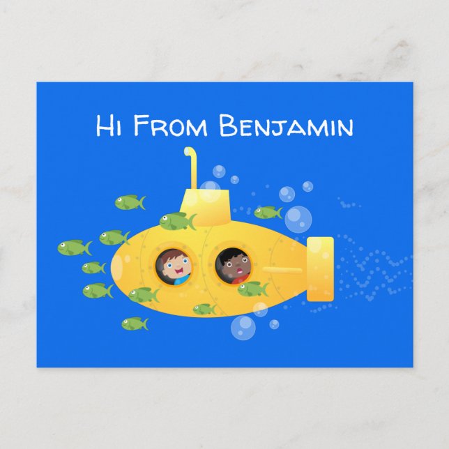Cute yellow submarine fish cartoon illustration postcard (Front)