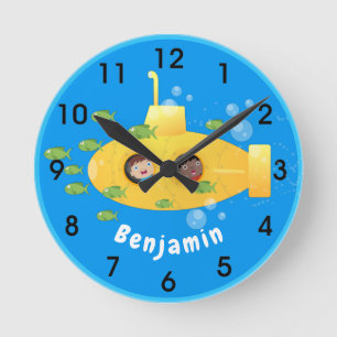 Cute yellow submarine fish cartoon illustration round clock