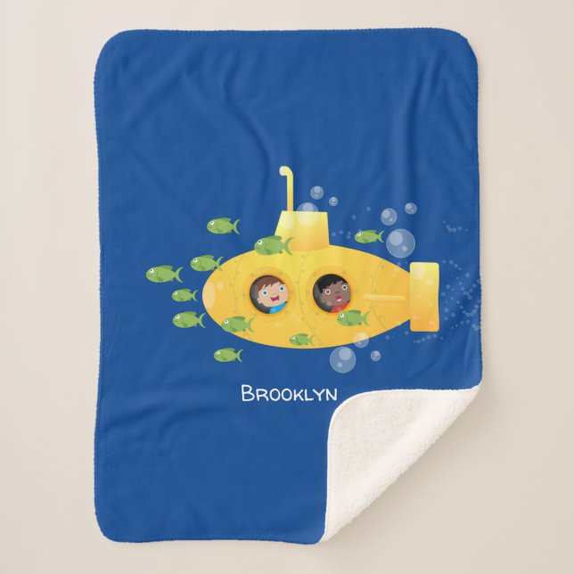 Cute yellow submarine fish cartoon illustration  sherpa blanket (Front)
