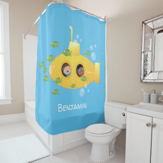 Cute yellow submarine fish cartoon illustration shower curtain (In Situ)