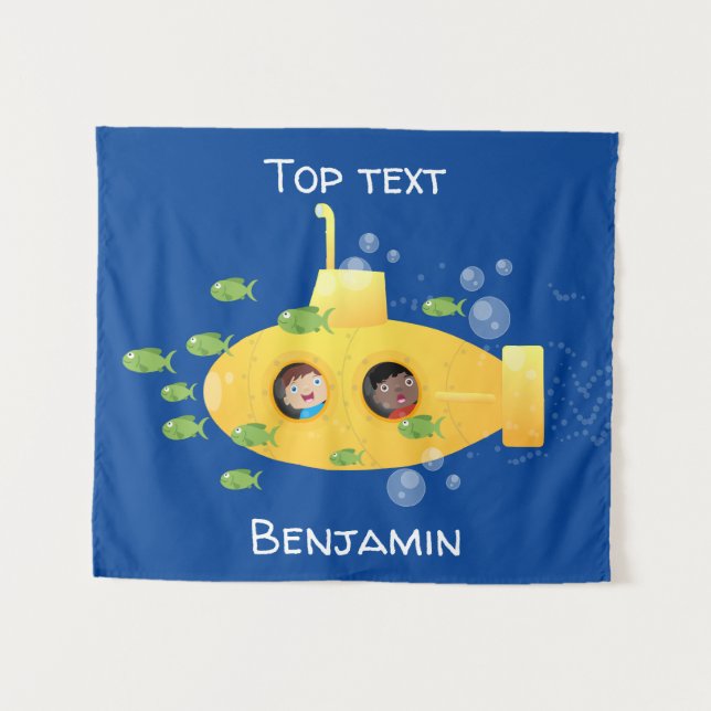 Cute yellow submarine fish cartoon illustration  tapestry (Front (Horizontal))