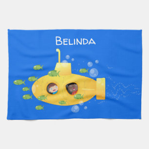 Cute yellow submarine fish cartoon illustration tea towel