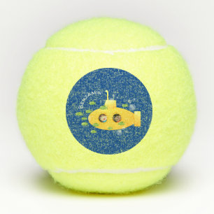 Cute yellow submarine fish cartoon illustration tennis balls