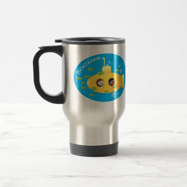 Cute yellow submarine fish cartoon illustration travel mug (Left)