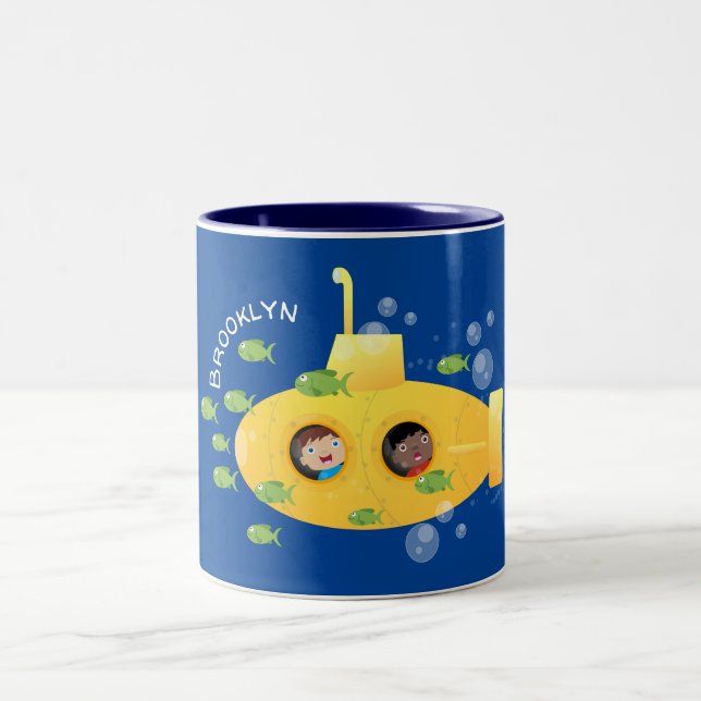 Cute yellow submarine fish cartoon illustration Two-Tone coffee mug (Center)