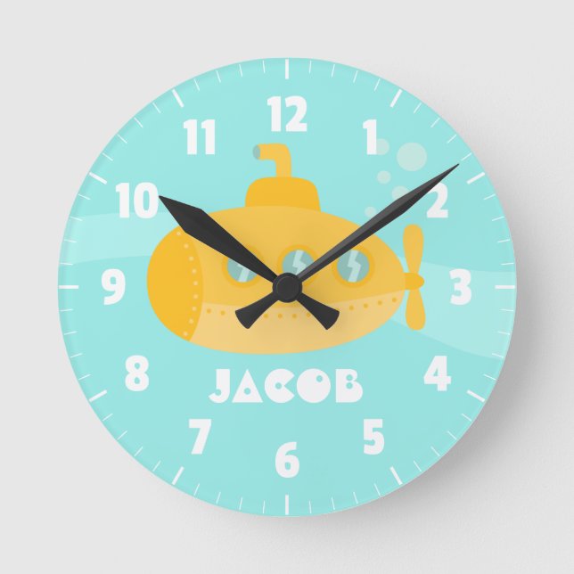 Cute Yellow Submarine, Underwater, For Kids Round Clock (Front)