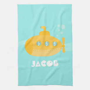 Cute Yellow Submarine, Underwater, For Kids Tea Towel