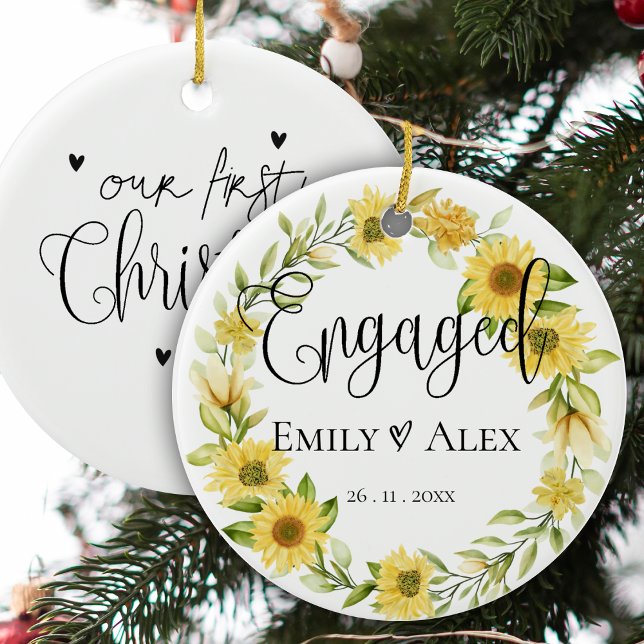 Cute Yellow Sunflower Engaged  Our First Christmas Ceramic Tree Decoration (Cute Yellow Sunflower Engaged Our First Christmas Ceramic Ornament)