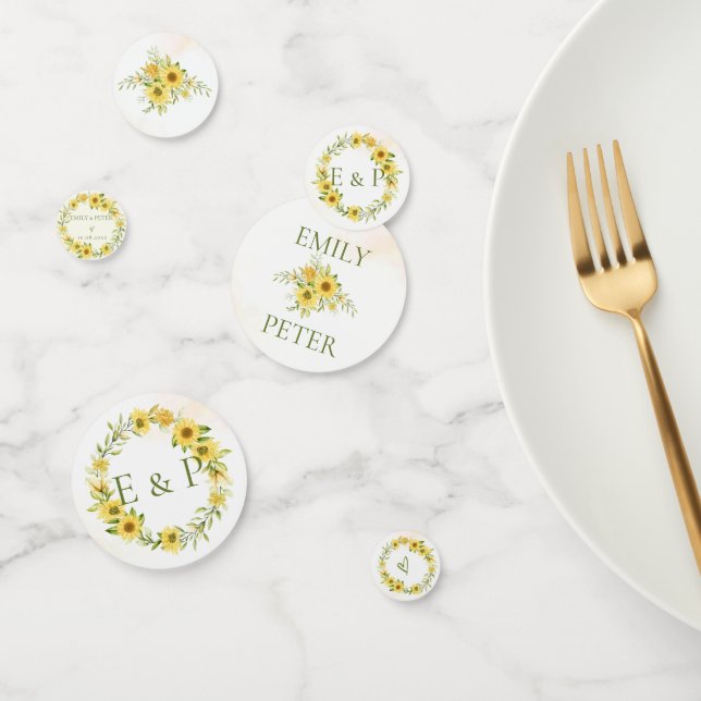 Cute Yellow Sunflower Floral Round Wedding Party Confetti (Group)