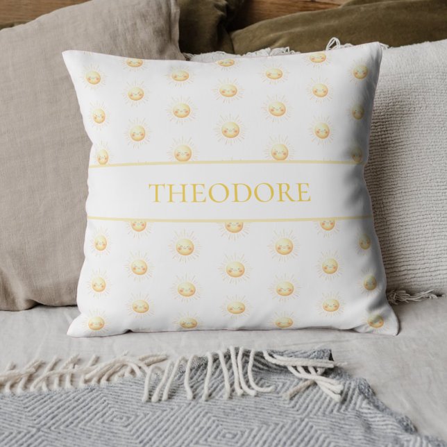 Cute Yellow Sunshine Boho Whimsical Kids Nursery Cushion (Personalized Sun Pillow with Name - Custom Decor, Unique Gift, Sunny Design for Kids and Nurseries

)
