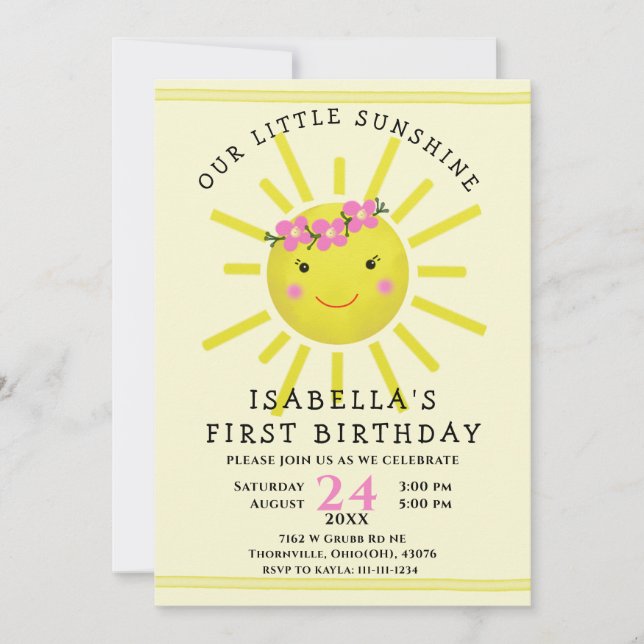 Cute Yellow Sunshine First Birthday Party Invitation (Front)
