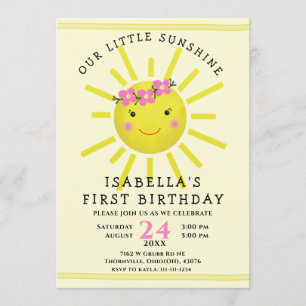 Cute Yellow Sunshine First Birthday Party Invitation