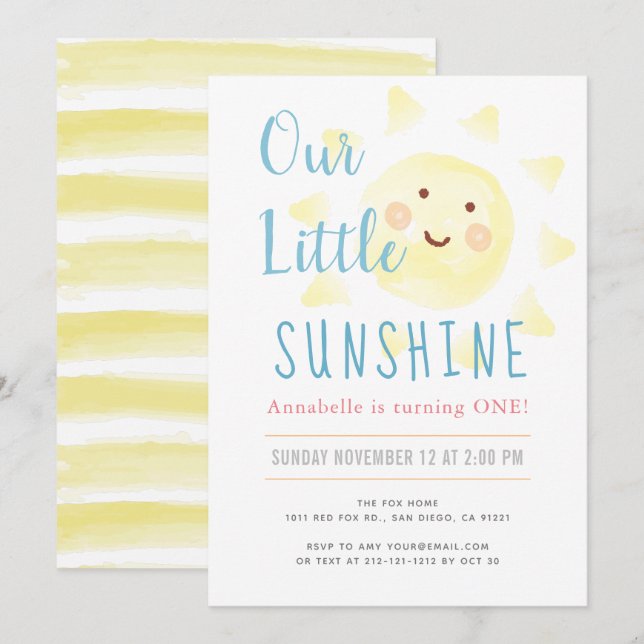 Cute Yellow Sunshine Girl 1st Birthday Party Invitation (Front/Back)
