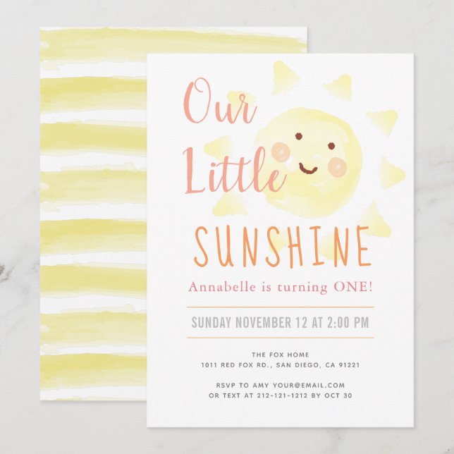 Cute Yellow Sunshine Girl 1st Birthday Party Invitation (Front/Back)