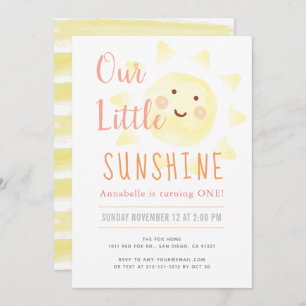 Cute Yellow Sunshine Girl 1st Birthday Party Invitation