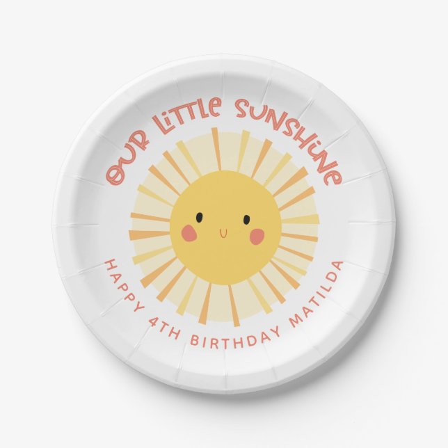 Cute yellow sunshine illustration birthday party paper plate (Front)