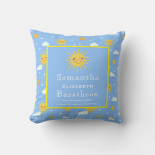 Cute Yellow Sunshine Personalised Baby Birth Stat Cushion