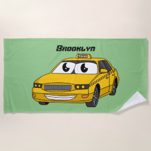 Cute yellow taxi fun cartoon illustration beach towel
