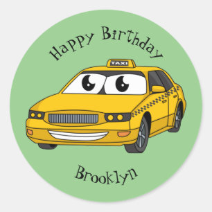 Cute yellow taxi fun cartoon illustration  classic round sticker