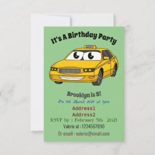 Cute yellow taxi fun cartoon illustration invitation