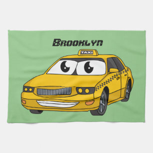 Cute yellow taxi fun cartoon illustration tea towel