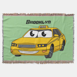 Cute yellow taxi fun cartoon illustration throw blanket