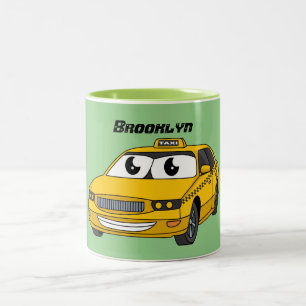Cute yellow taxi fun cartoon illustration Two-Tone coffee mug