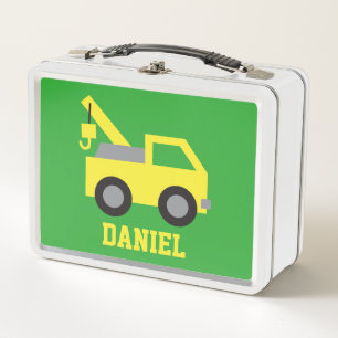 Cute Yellow Tow Truck Vehicle Kids Personalised Lu Metal Lunch Box