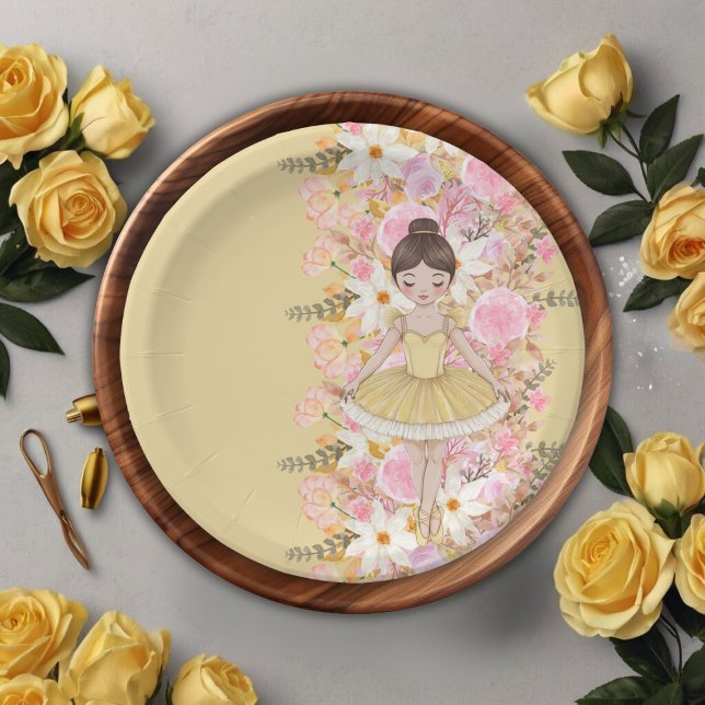 Cute Yellow Tutu Ballerina Butterflies Baby Shower Paper Plate (Creator Uploaded)