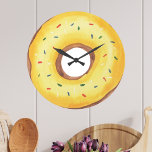 Cute Yellow Watercolor Doughnut Large Clock<br><div class="desc">This fun wall clock is decorated with a watercolor yellow doughnut with sprinkles.
The perfect gift for a doughnut lover!
Original Watercolor © Michele Davies.</div>