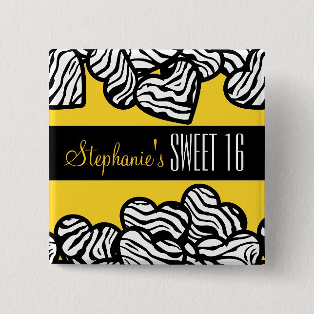 Cute Yellow zebra heart Sweet 16 Birthday Button (Front)
