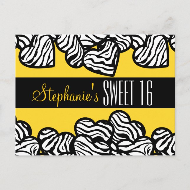 Cute Yellow zebra heart Sweet 16 Birthday Postcard (Front)
