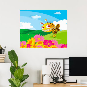 Cute Yet Creepy Monster Bee in a Flower Field  Poster