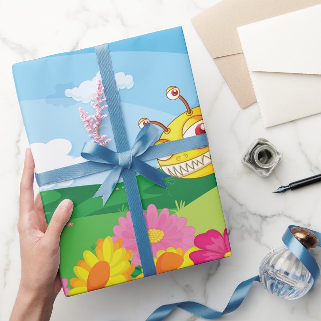  Cute Yet Creepy Monster Bee in a Flower Field  Wrapping Paper (Creator Uploaded)