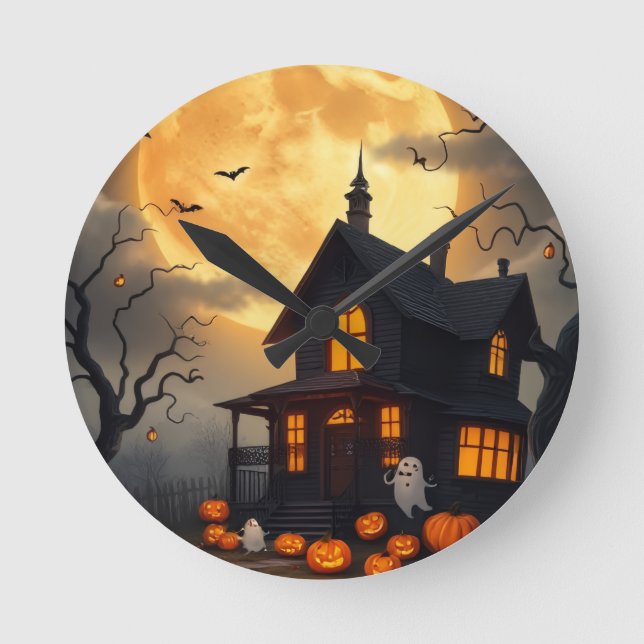 Cute yet Spooky Ghosts and Haunted Forest Round Clock (Front)