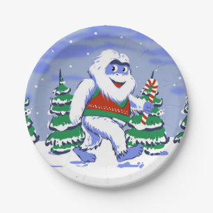 Cute yeti christmas in forest paper plate