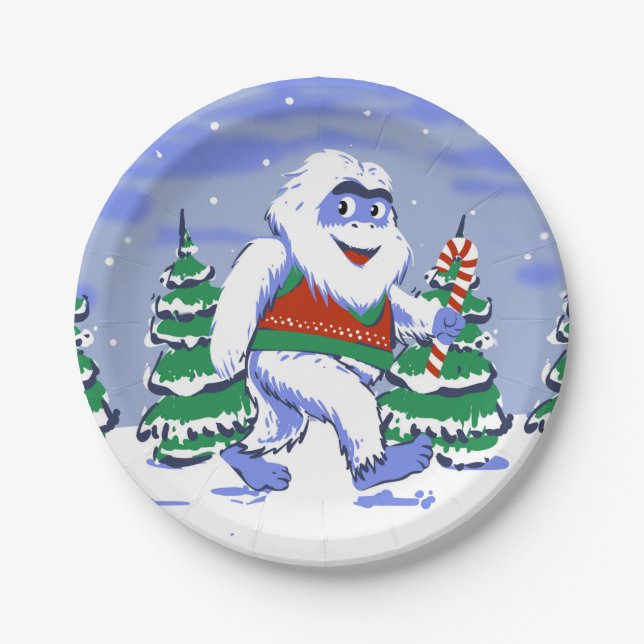 Cute yeti christmas in forest paper plate (Front)