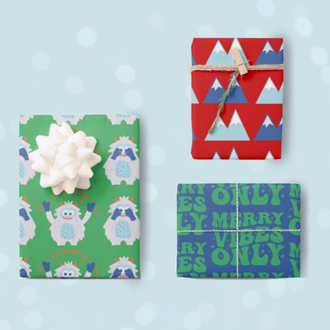 Cute Yeti Retro Christmas Patterns Kids Wrapping Paper Sheet (Creator Uploaded)