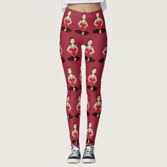 Cute Yoga Girl holding Red heart pattern Leggings (Front)