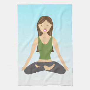 Cute Yoga Girl Sitting In Lotus Pose Illustration Tea Towel