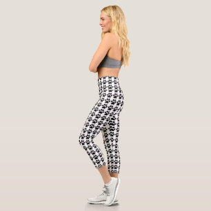 Cute Yoga Paw Print White & Black Pattern Trendy Capri Leggings