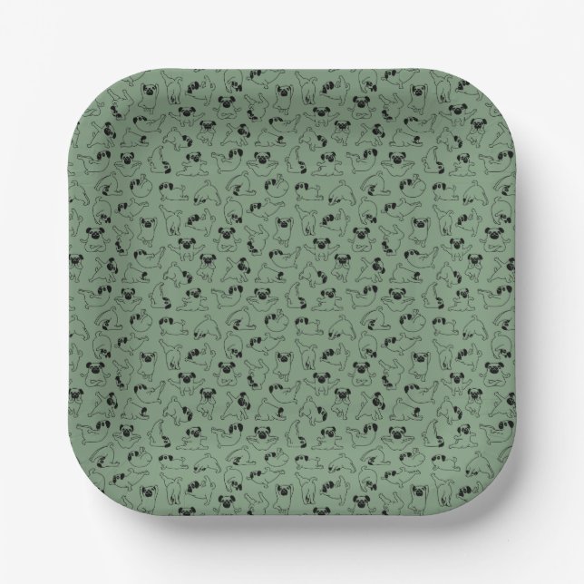 cute yoga pet dog pattern green background paper plate (Front)