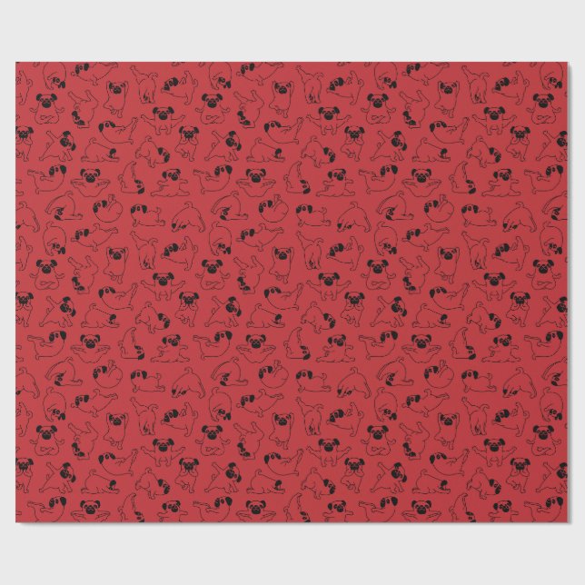 cute yoga pet dog pattern red background wrapping paper (Flat)