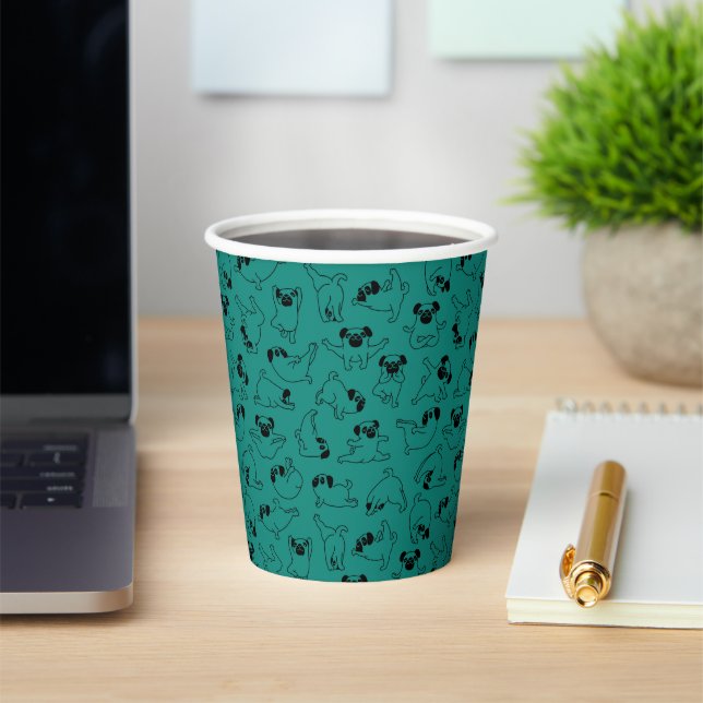 cute yoga pet dog pattern turquoise background paper cups (Insitu)