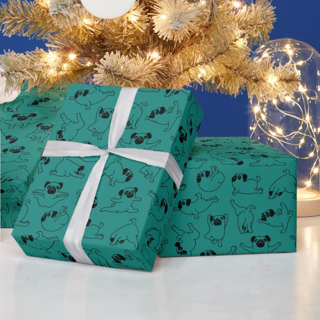 cute yoga pet dog pattern turquoise background wrapping paper (Holidays)