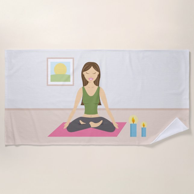 Cute Yoga Woman In Lotus Pose Beach Towel (Front)