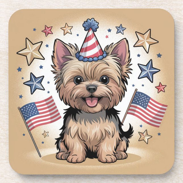 Cute Yorkie Celebrating Independence Day Coaster (Front)
