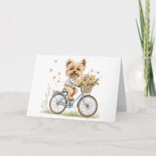 Cute Yorkie Dog Biking Spring Flowers Card