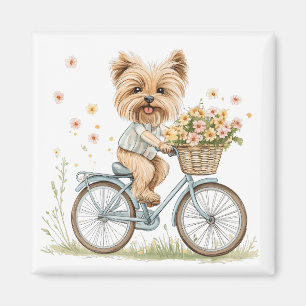 Cute Yorkie Dog Biking Spring Flowers Magnet
